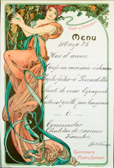 Menu stampato da Champagne Moet e Chandon per un pasto di specialità francesi. Illustrazione di Alphonse Mucha da Alphonse Mucha